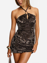 Krystalle Halter Keyhole Mini Dress Brown Floral