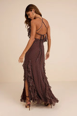Casey Brown Polka Dot Halter Ruffled Maxi Dress