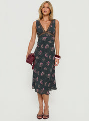 Kenadi Lace Bias Midi Dress Black Floral