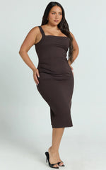Square Neck Ruched Bodycon Dress in Chocolate