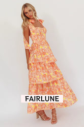 Arlowe Tied Shoulder Tiered Midi Dress Floral Orange