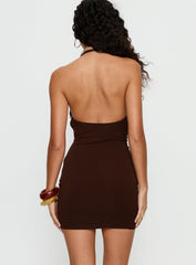Korella Beaded Halter Mini Dress Chocolate Brown