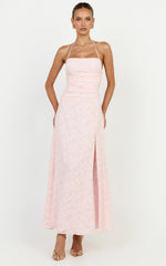 Gathered Bodice Halter Clipped Jacquard Dress in Pink