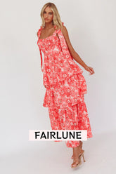 Arlowe Tied Shoulder Tiered Midi Dress Floral Pink