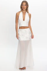 Opulent Sheer Hem Maxi Skirt Embroidered Off White