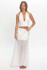 Opulent Sheer Hem Maxi Skirt Embroidered Off White