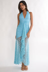 Kamilah Ruched Ruffle Maxi Dress Lace Teal
