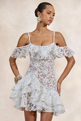 Lyris | White Lace Scoop-Neck Mini Dress With Ruffled Detailing