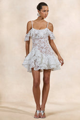 Lyris | White Lace Scoop-Neck Mini Dress With Ruffled Detailing