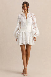 Helena | White Crew-Neck Mini Dress With Puff-Sleeves and Pleated Skirt