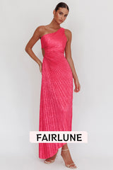 Amelie One-Shoulder Accordion Pleat Maxi Dress Floral Fuchsia