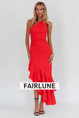 Bold Love One-Shoulder Asymmetric Hem Dress Red