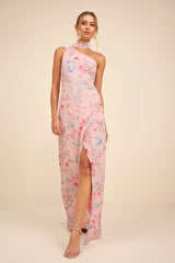 Adeline Light Pink Floral One-Shoulder Scarf Maxi Dress