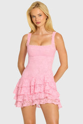 Sequin Lace Ruffle Mini Dress in Blossom