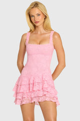 Sequin Lace Ruffle Mini Dress in Blossom