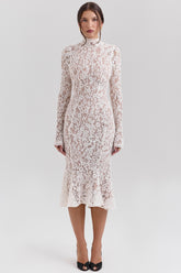 Sophia-Vintage Ivory Lace Fitted Midi Dress