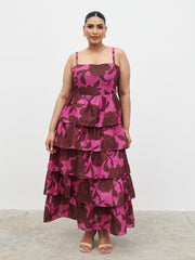Aalyiah Square Neck Ruffle Midaxi Dress Curve - Brown and Fuchsia Floral
