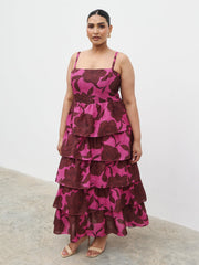 Aalyiah Square Neck Ruffle Midaxi Dress Curve - Brown and Fuchsia Floral