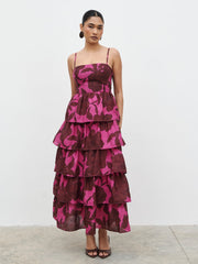 Aalyiah Square Neck Ruffle Midaxi Dress - Brown and Fuchsia Floral
