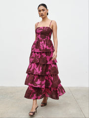 Aalyiah Square Neck Ruffle Midaxi Dress - Brown and Fuchsia Floral