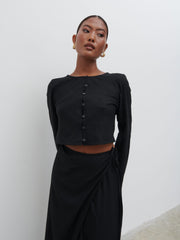 Abigail Button Front Linen Blouse - Black