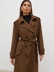 Agnes Longline Faux Suede Trench Coat - Chocolate Brown