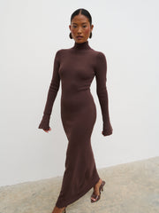 Alina High Neck Knit Midaxi Dress - Brown