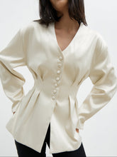 Amora Collarless Bonded Satin Jacket - Oyster
