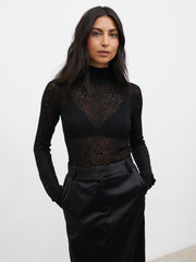 Annalise High Neck Patterned Fine Knit Top - Black