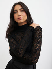 Annalise High Neck Patterned Fine Knit Top - Black