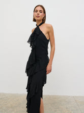 Aria Halter Neck Ruffle Maxi Dress - Black