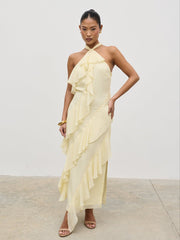 Aria Halterneck Ruffle Midaxi Dress - Lemon