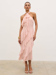 Aria Halterneck Ruffle Midaxi Dress - Dusty Rose