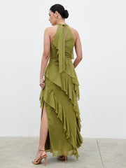 Aria Halterneck Ruffle Maxi Dress - Dark Olive