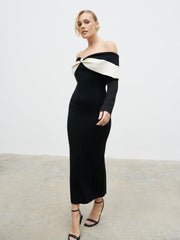 Aroma Bardot Trim Knit Midaxi Dress - Black and Cream