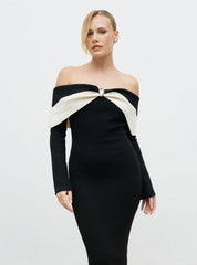 Aroma Bardot Trim Knit Midaxi Dress - Black and Cream