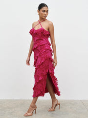 Aryana Jacquard Ruffle Midaxi Dress - Berry