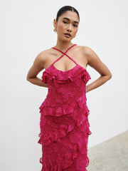 Aryana Jacquard Ruffle Midaxi Dress - Berry