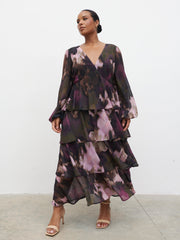 Ashton Ruffle Midi Dress Curve - Purple and Khaki Ombre