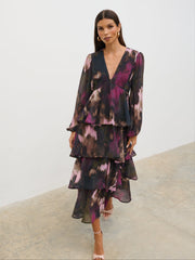 Ashton Ruffle Midi Dress - Purple and Khaki Ombre