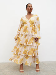 Ashton Ruffle Midaxi Dress Curve - Yellow Ochre Floral