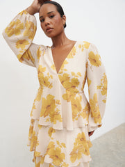 Ashton Ruffle Midaxi Dress Curve - Yellow Ochre Floral