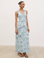 Aurelia Ruffle Maxi Dress - Seaspray and Brown Floral