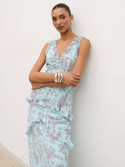 Aurelia Ruffle Maxi Dress - Seaspray and Brown Floral
