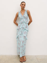 Aurelia Ruffle Maxi Dress - Seaspray and Brown Floral