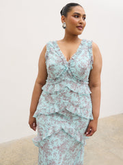 Aurelia Ruffle Maxi Dress Curve - Seaspray and Brown Floral