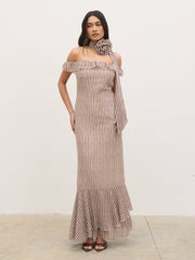 Aveline Bardot Maxi Dress - Brown and Cream Stripe