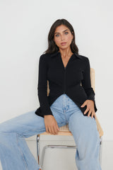 Avery Zip Knit Collared Top - Black