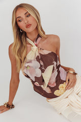 Wisteria Cowl Halterneck Top Floral Brown