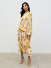 Beatris Backless Ruffle Midaxi Dress - Yellow Ochre Floral